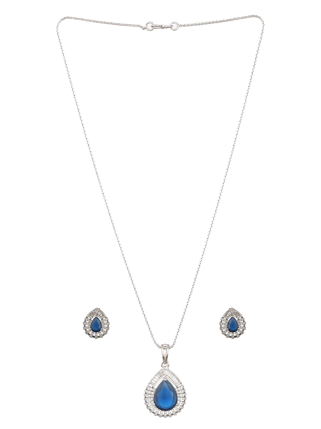 Silver Plated Blue Sapphire Tilak AD studded Pendant Locket Jewellery Set