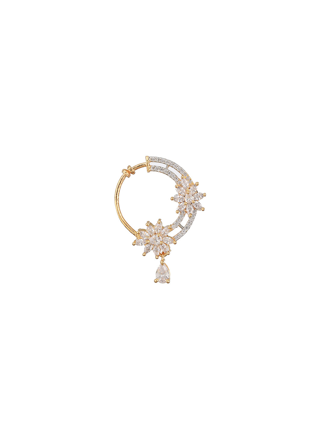 Gold Plated AD Studded Floral Pressing Nose Ring Nath