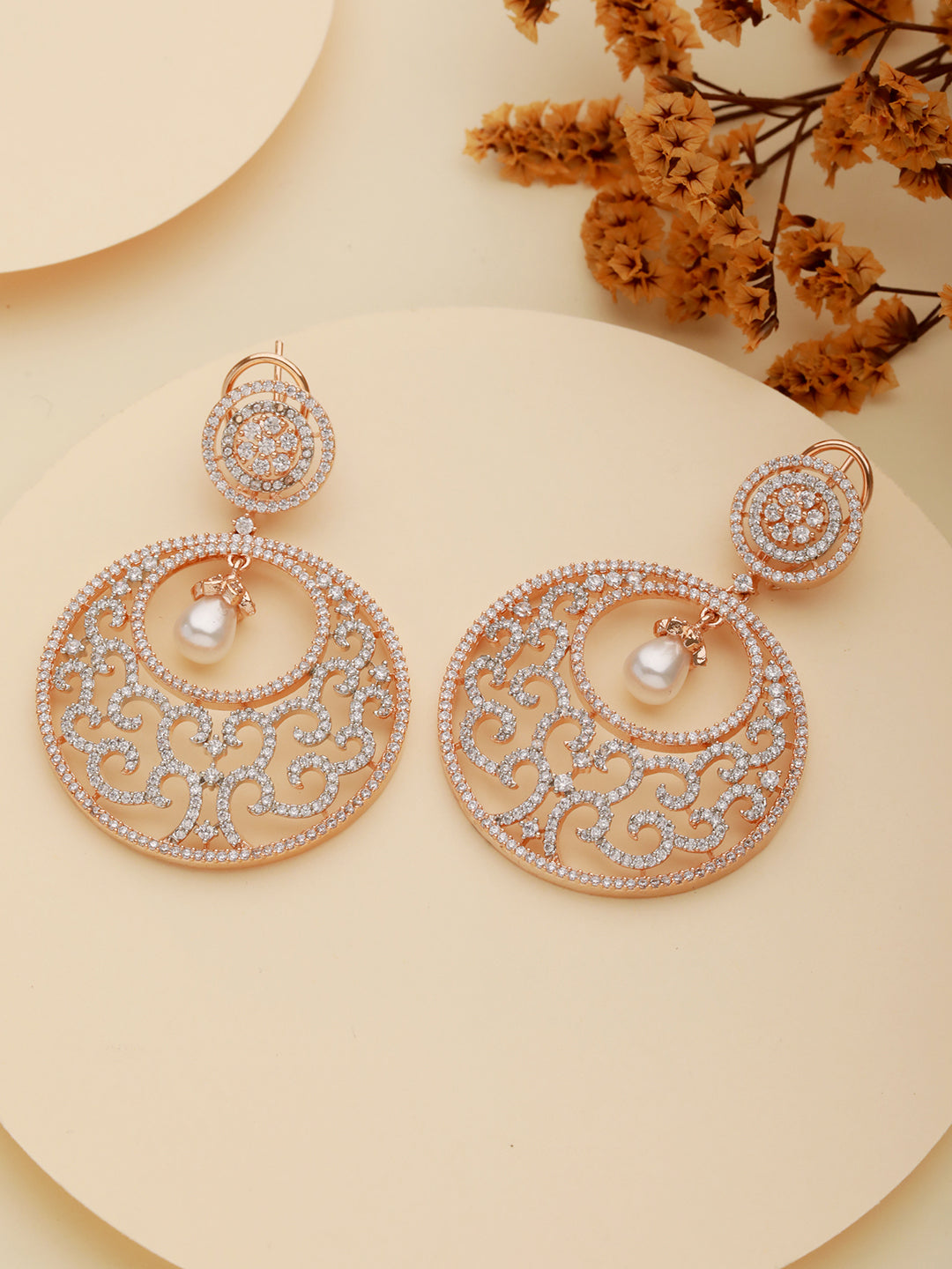 Rose Gold Cz Studded & Pearl Beaded Statement Modern Chandbali Clip Earrings