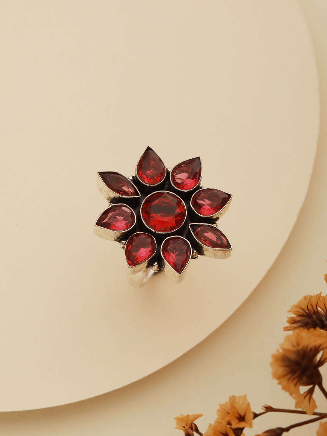 Silver Oxidised Red Stone Floral Minimal Finger  Ring