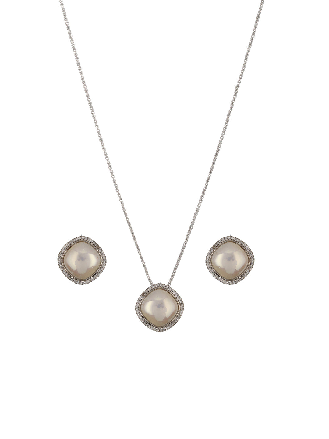 Silver Plated Soth Sea Square Pearl AD Minimal Dailywear  Locket Jewellery  Set