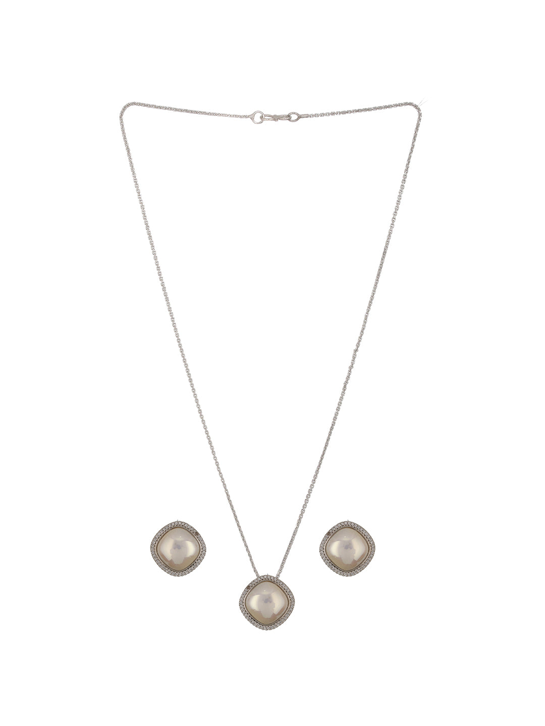Silver Plated Soth Sea Square Pearl AD Minimal Dailywear  Locket Jewellery  Set