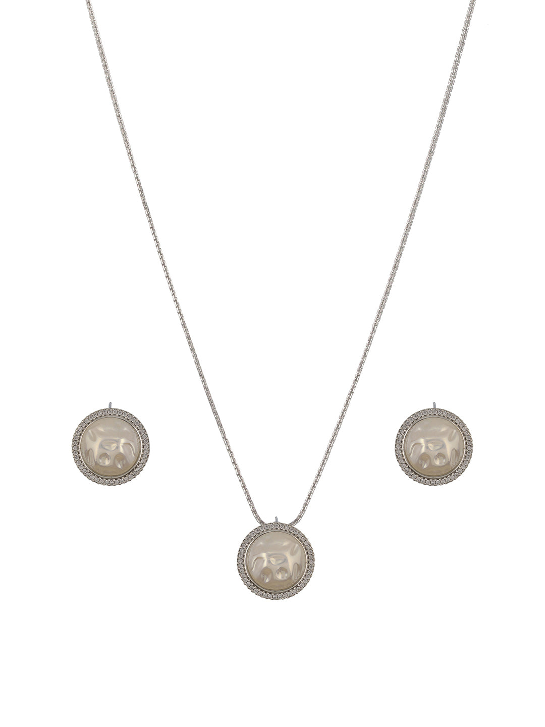 Silver Plated Natural Seawater  Round Pearl CZ Minimal  Locket Jewellery Set