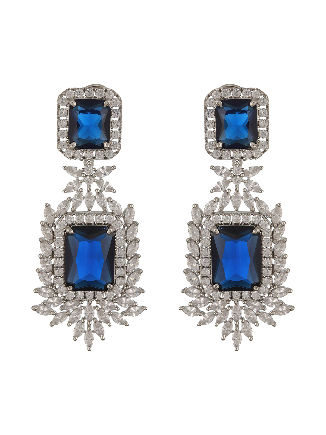 Silver Toned Sapphire Blue CZ Studded Luxe Designer Dropdown Clip Earrings
