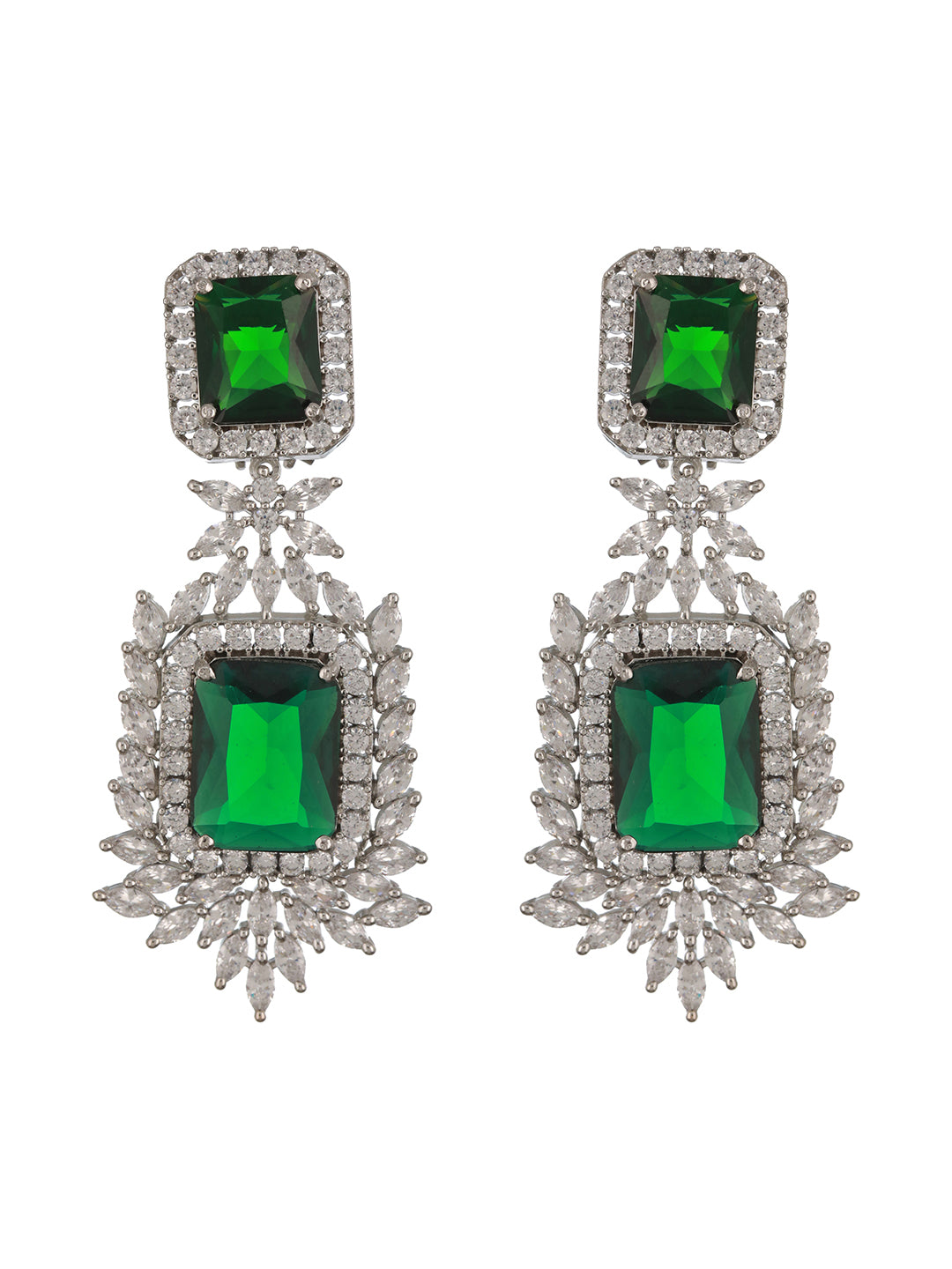 Silver Toned Green Emarald AD Studded Luxe Statement Dangler Clip Earrings