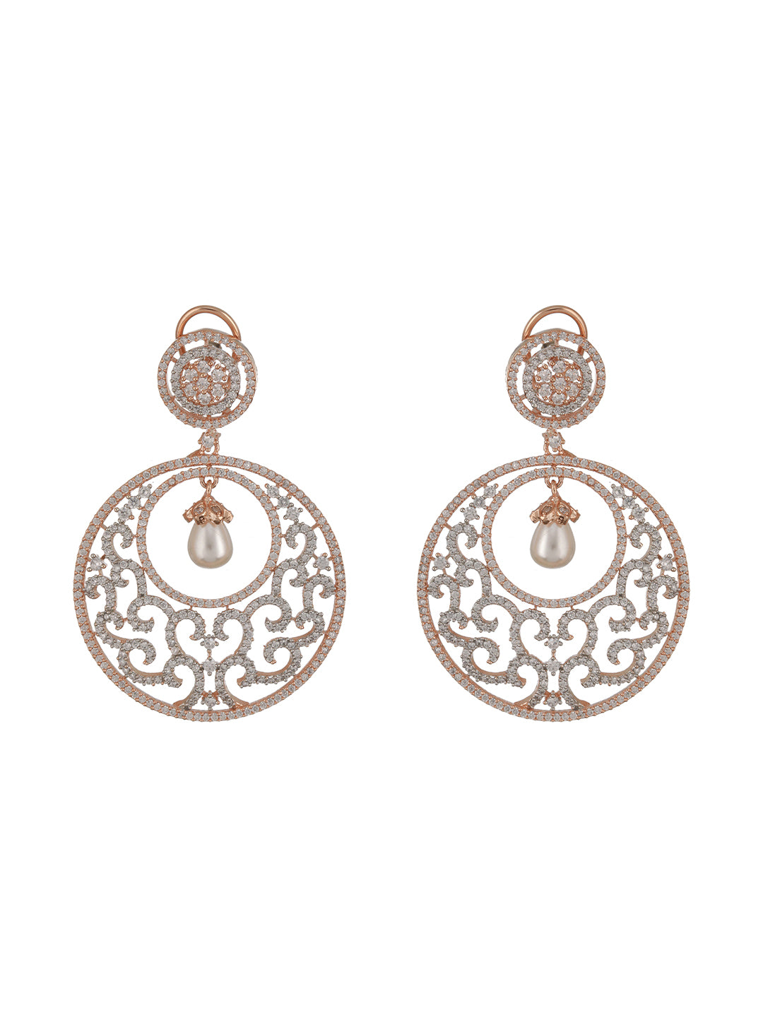 Rose Gold Cz Studded & Pearl Beaded Statement Modern Chandbali Clip Earrings