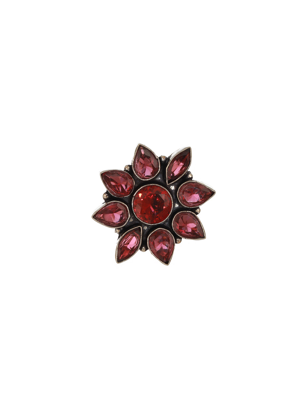 Silver Oxidised Red Stone Floral Minimal Finger  Ring