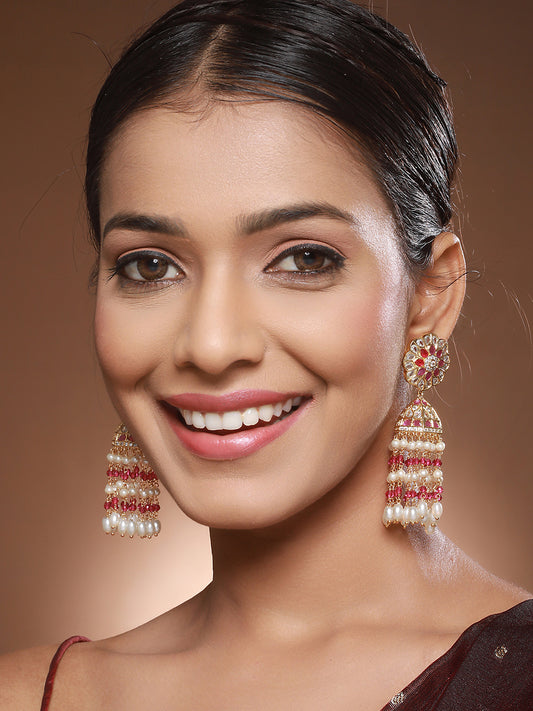 Gold Plated Red AD Pearl Beaded Contemporary Long  Jhumka Earrings