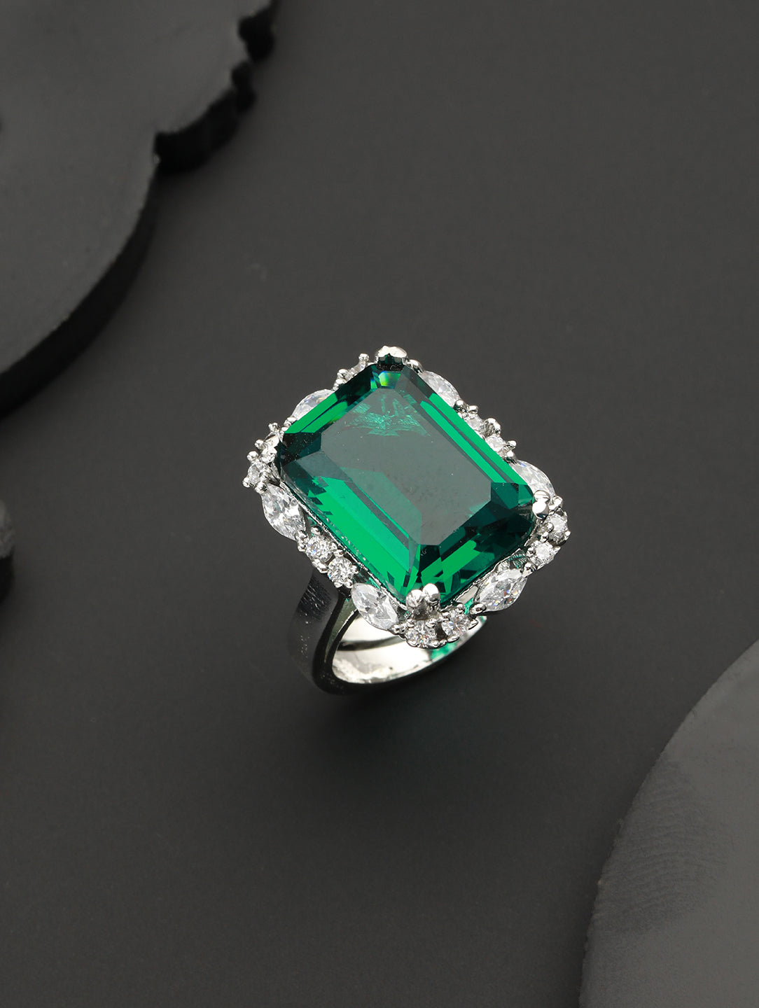 Silver Plated Green CZ Studded Cocktail Luxe Finger Ring