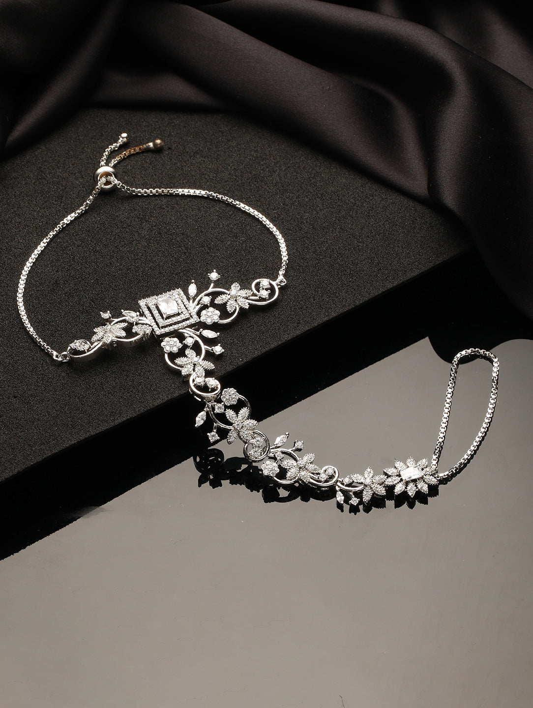 Silver Toned CZ Studded Floral Designer hathphool Ring bracelet