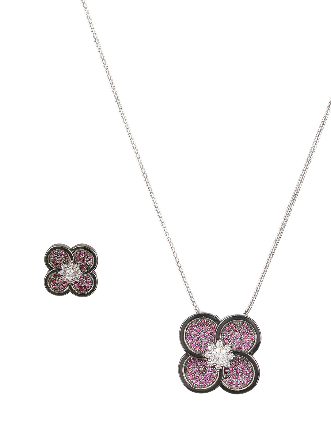 Silver Plated Red AD Studded Floral Designer Locket Jewellery  Set