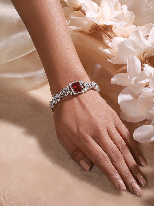 Silver Toned Red Zircon Studded Designer Kada Bracelet