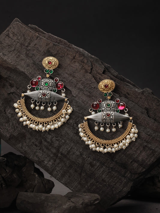 Dual Toned Red Stones Studded & Pearl Beaded Handcrafted Designer Light Weight Chandbali Dangler earrings