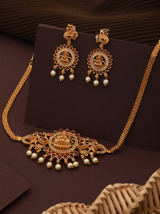 Gold Plated Kempo  Studded Goddedd Lakshmi Temple Choker  Jewellery Set