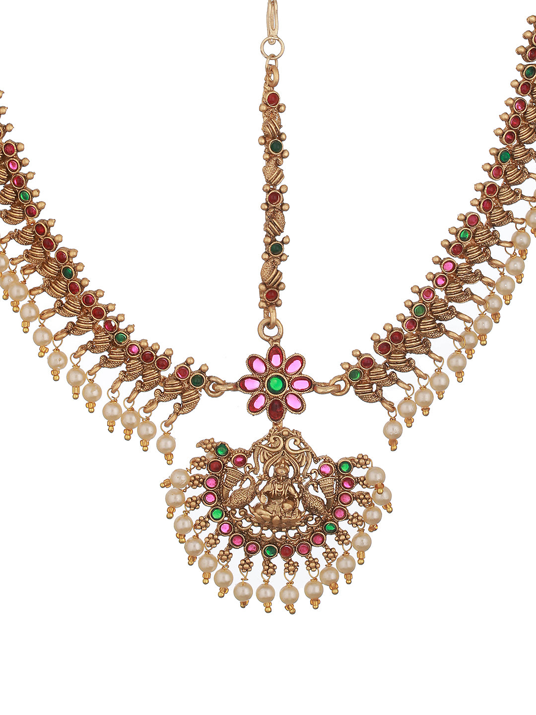 Gold Plated Kempo Studded & Pearl Beaded Bridal Antique Temple Damini Matha Patti
