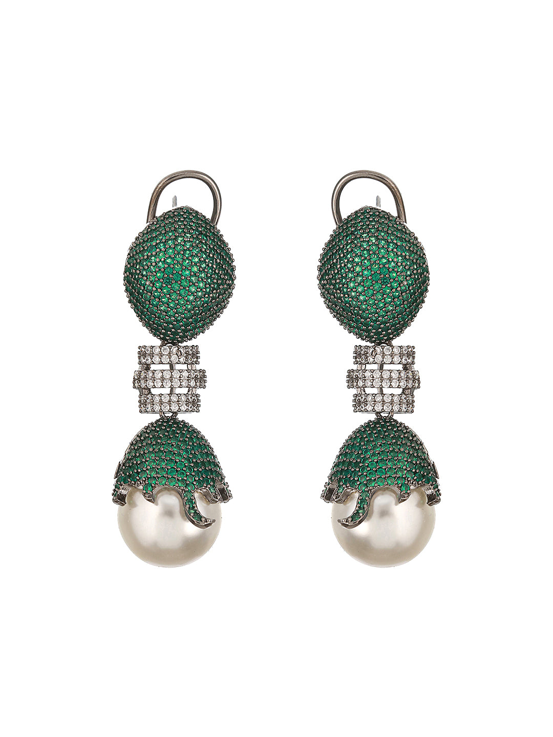 Green AD & Pearl Beaded Designer Luxe Drop  Earrings