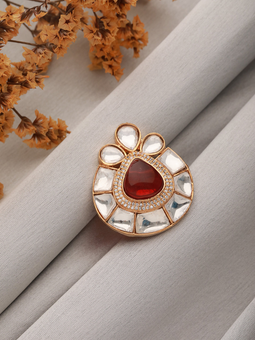 Gold Toned Red Polki Kundan Luxe Adjustable Engagement Finger Ring