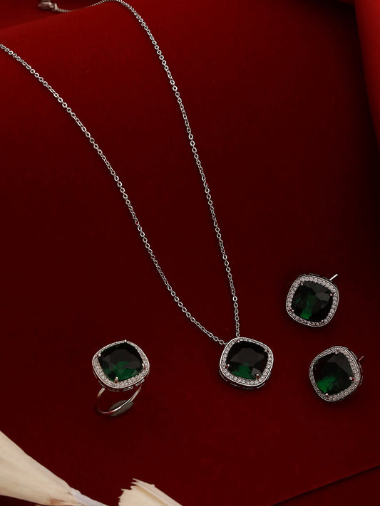 Silver Plated Green CZ Studded Combo Ring Jewellery  Set