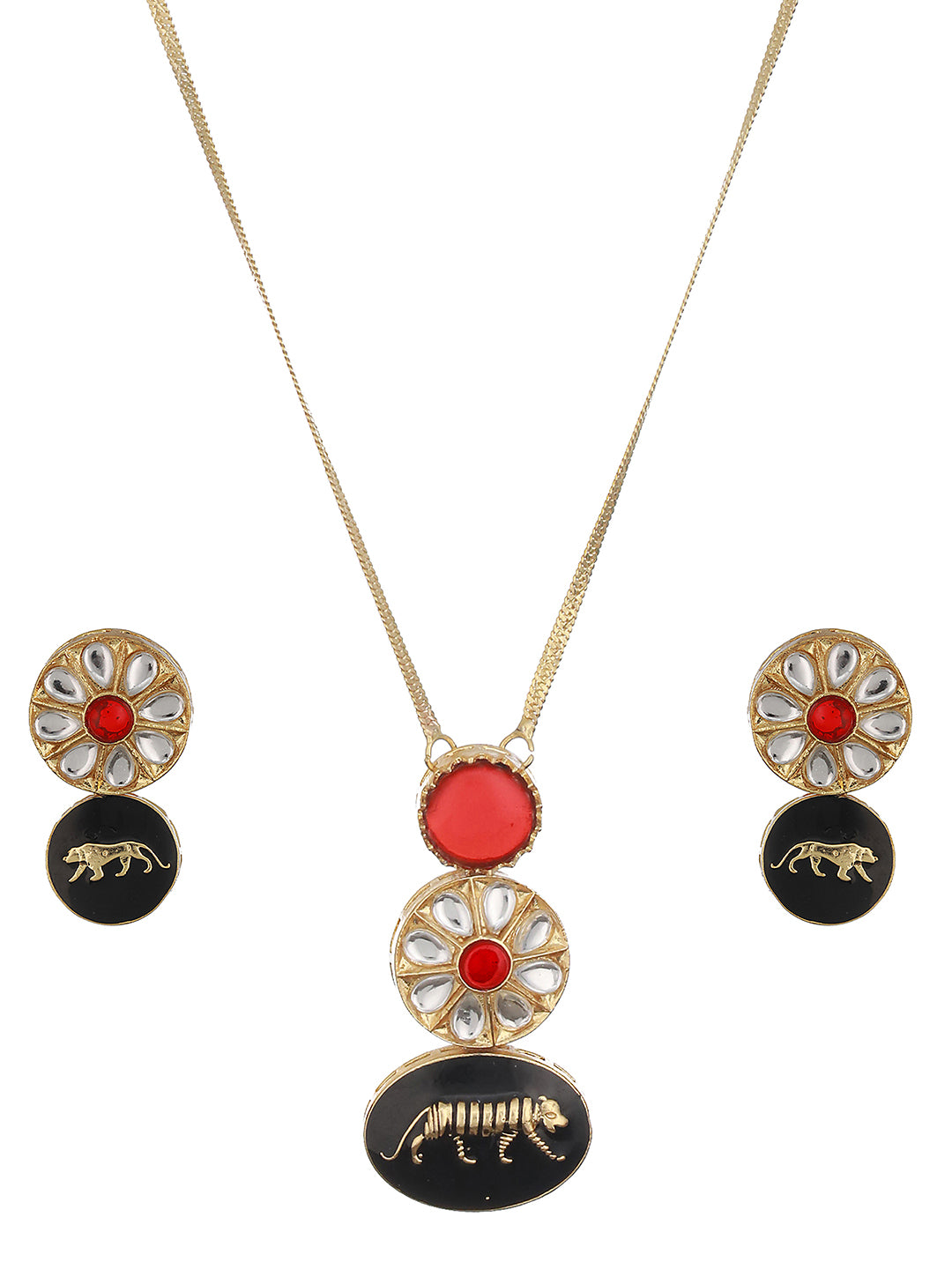 Gold Toned Red Kundan Lion Motif Locket Jewellery Set