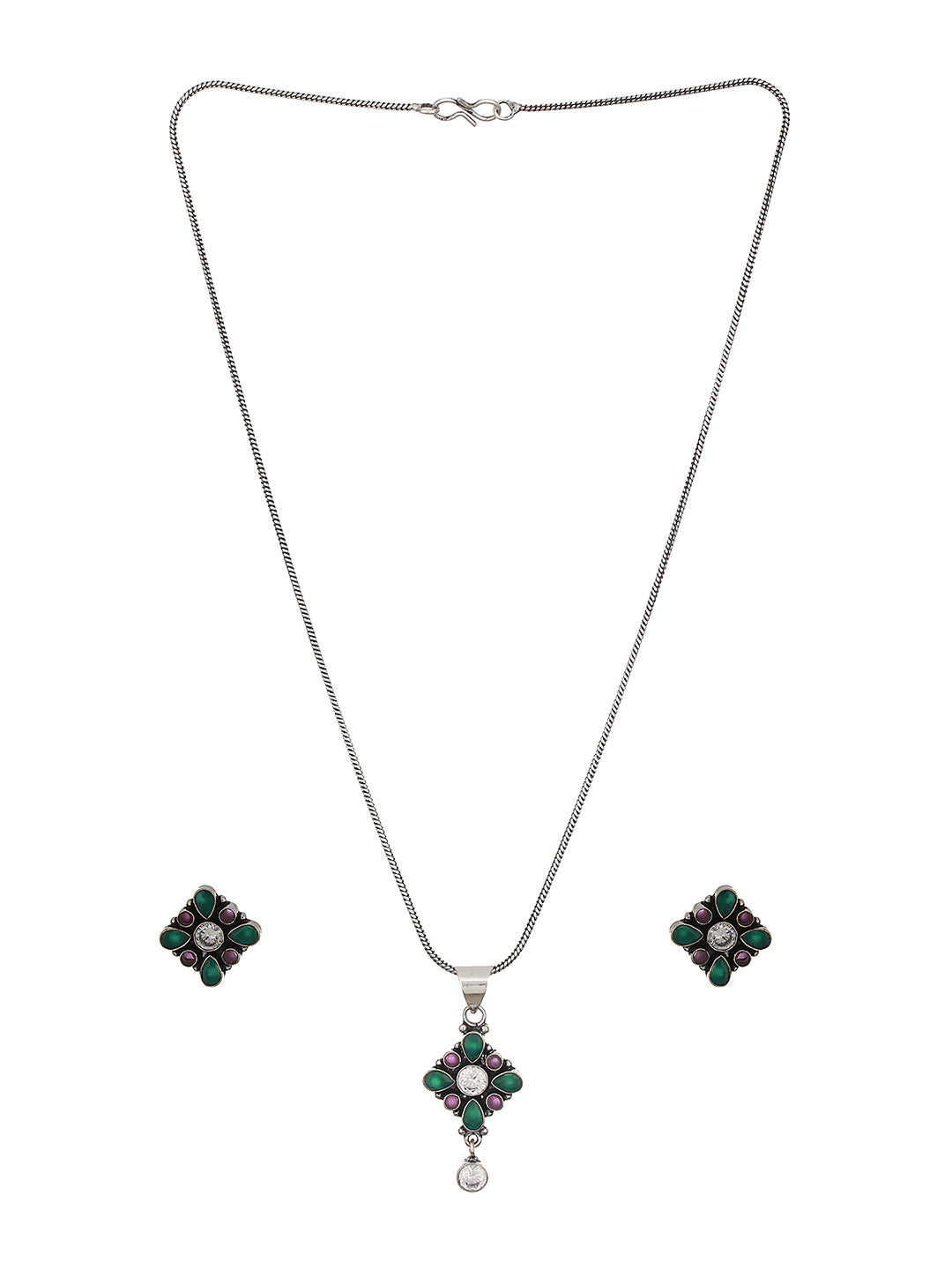 Silver Oxidised Red & Green Stones Minimal Officewear Locket  Jewellery Set