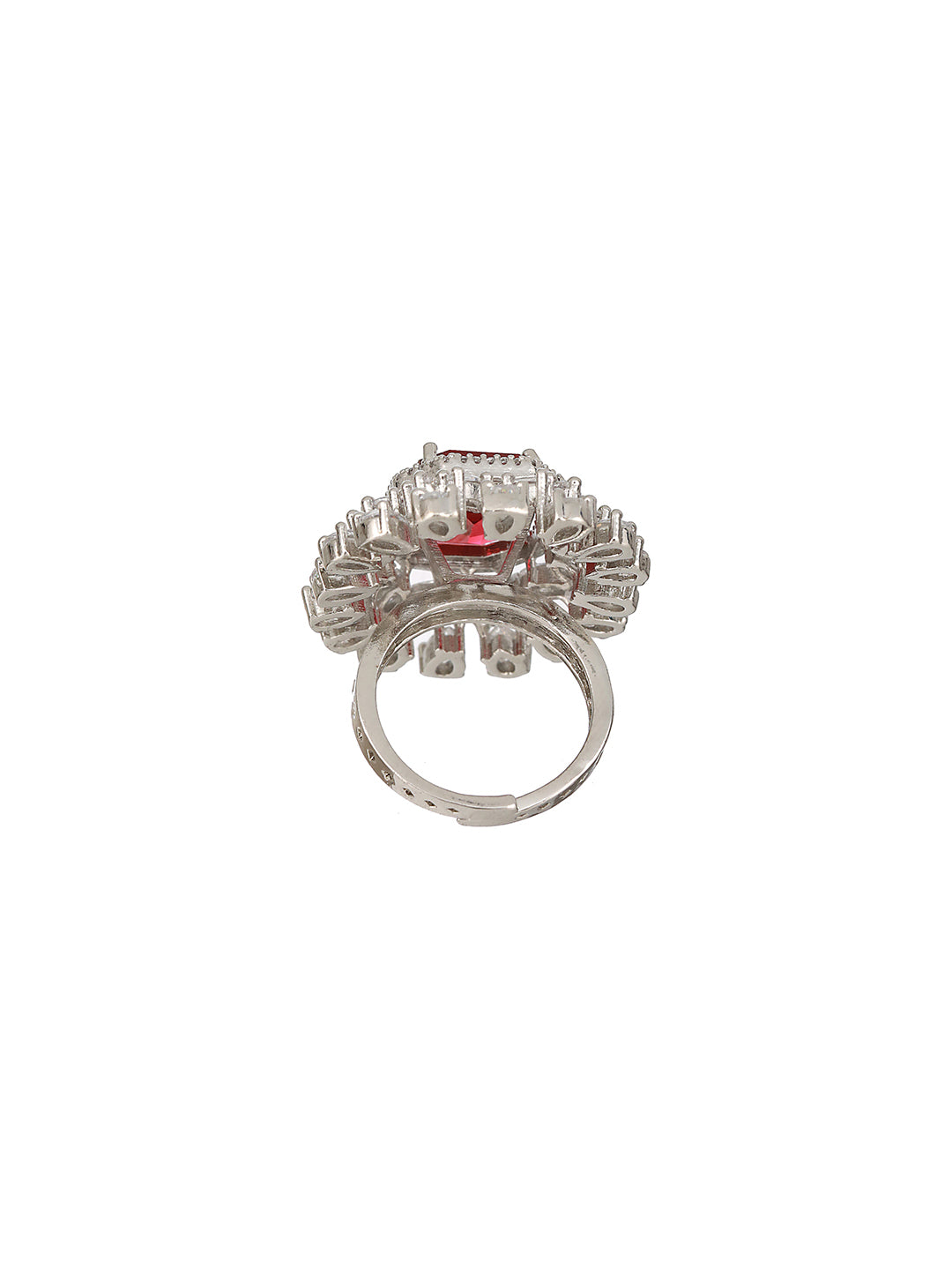 Silver Plated Red CZ Studded  Designer Adjustable Cocktail Finger Ring