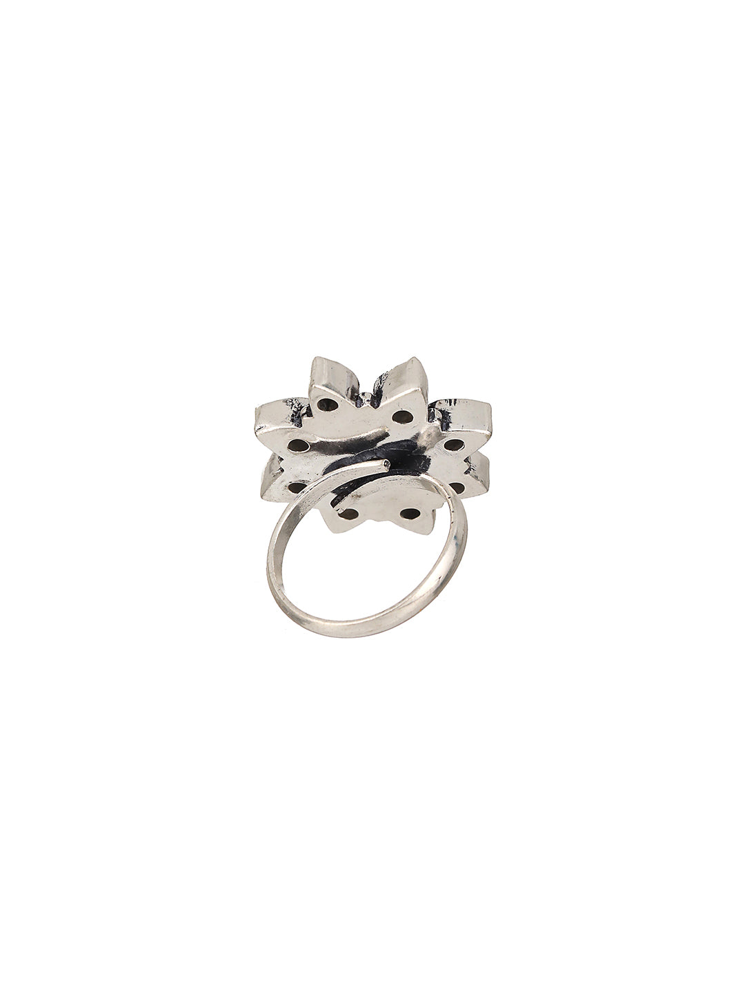 Silver Oxidised  White Stones Studded Adjustable Finger Ring