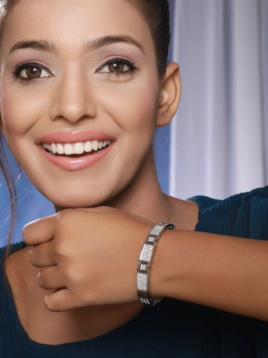 Silver Toned AD Studded Designer Sleek Kada Bracelet