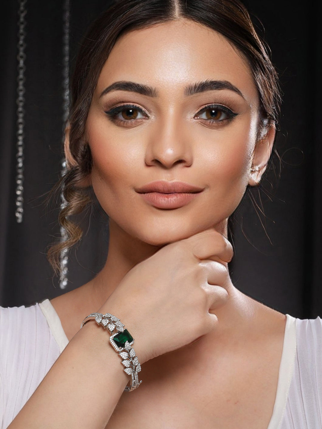 Silver Toned Green AD Studded Designer Handcrafted Bracelet
