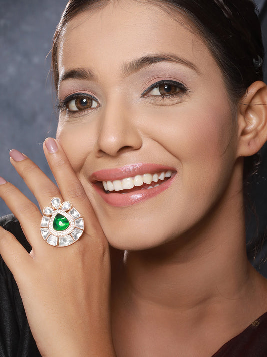 Gold Polish Green Polki Kundan Designer Adjustable Engagement Finger Ring
