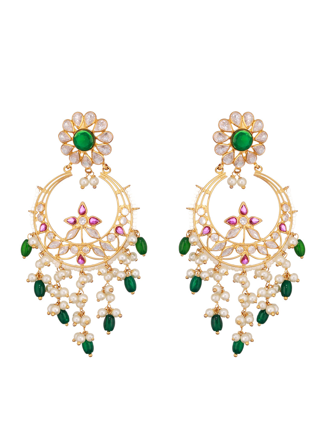 24K Gold Plated Red & Green Kundan & Pearl Beaded Bridal Chandbali Designer Earring
