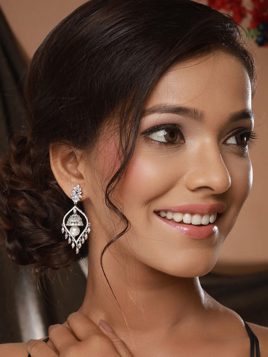Silver Plated CZ Studded & Pearl Beaded Delicate Jhumka Chandelier Earrings