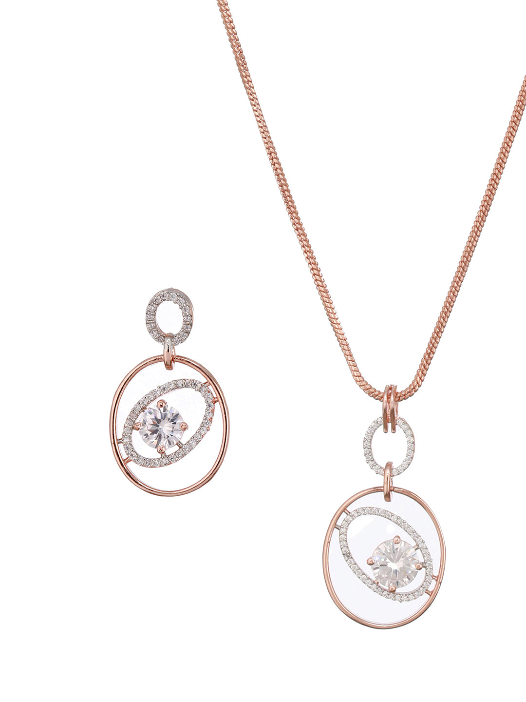 Rose Gold Plated Zircon Studded Solitaire Minimal  Pendant Necklace Jewellery Set