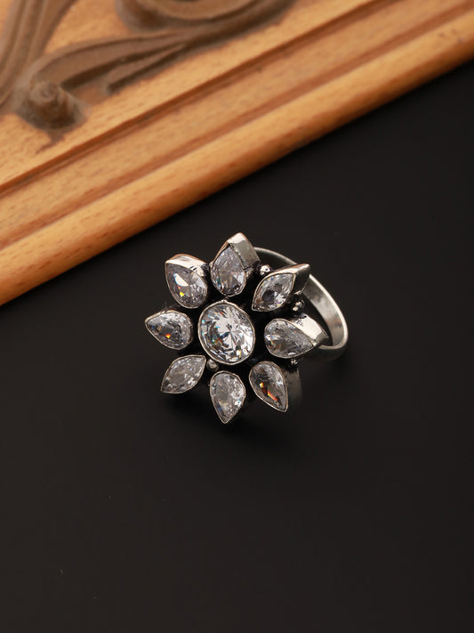 Silver Oxidised  White Stones Studded Adjustable Finger Ring