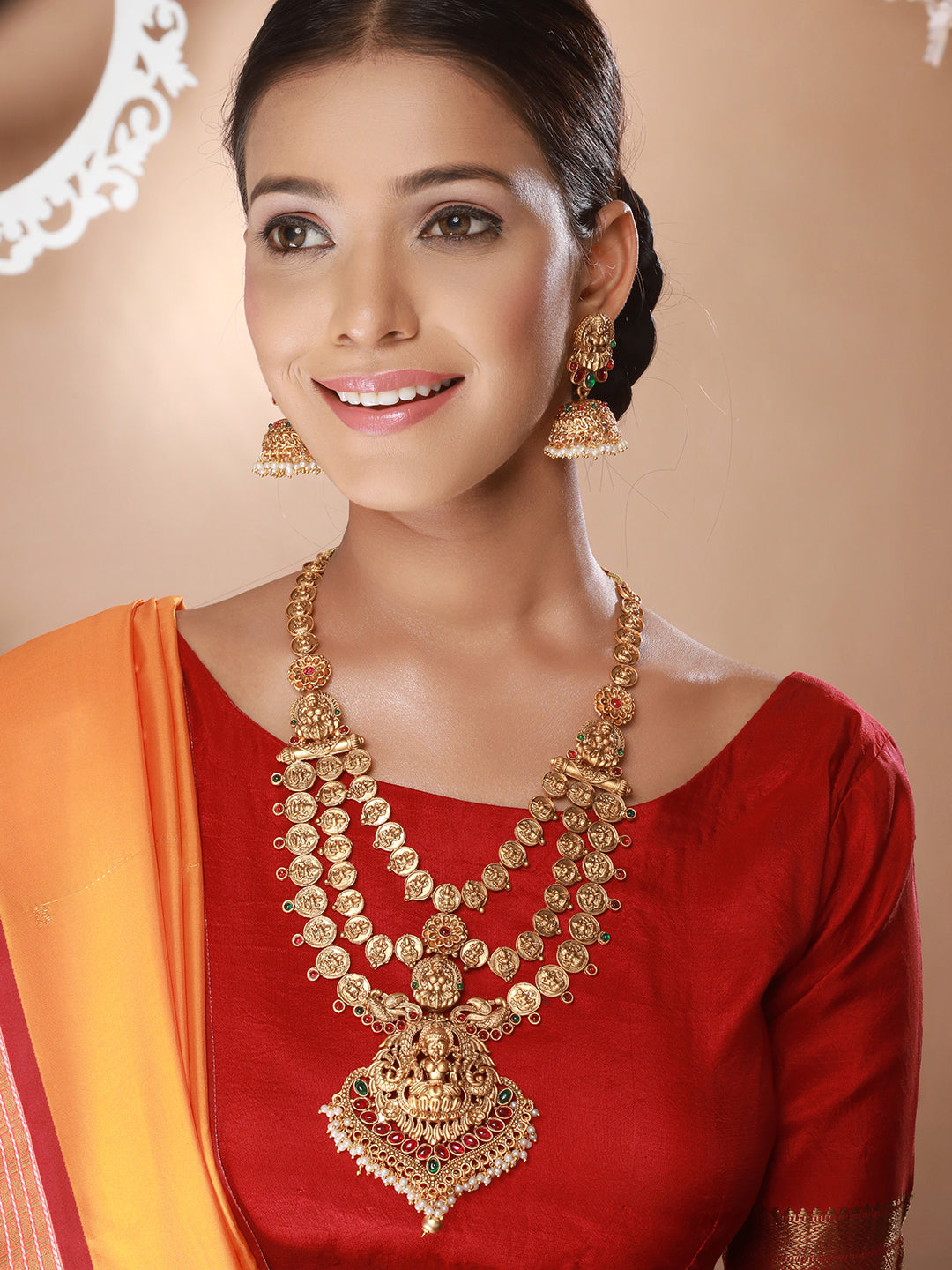 22K Gold-Plated Stone-Studded & Beaded Temple Lakshmiji Coin Bridal  Jewellery Set