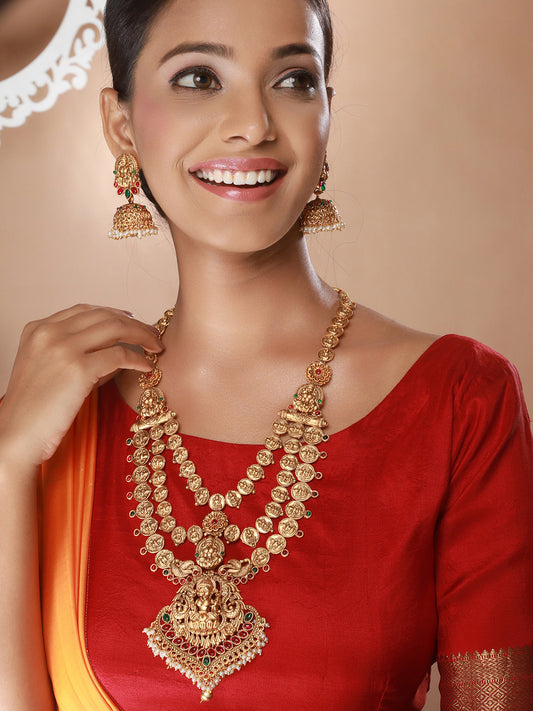 22K Gold-Plated Stone-Studded & Beaded Temple Lakshmiji Coin Bridal  Jewellery Set