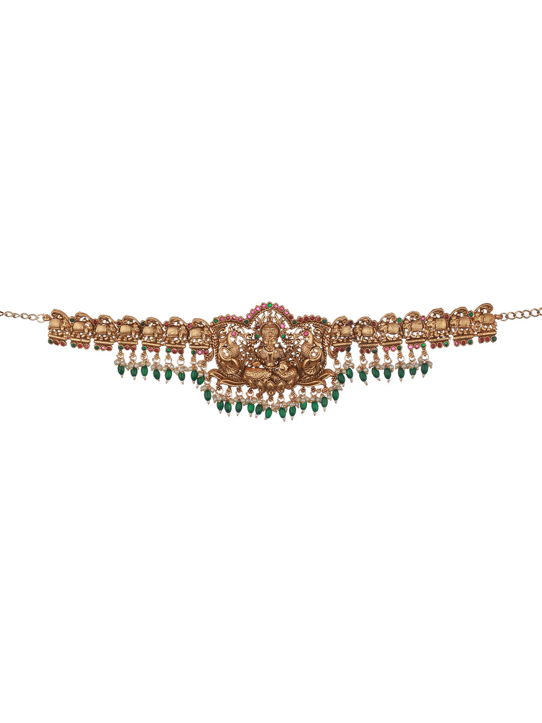 Matte Gold Plated Green Pearls Beaded Shri lakshmi Motif Bridal Hip Belt Kamarbandh