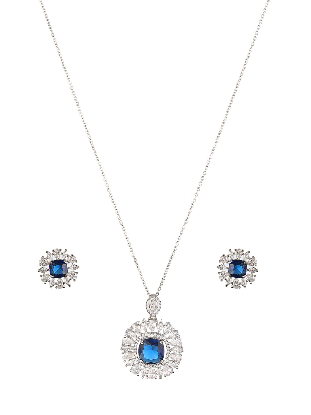 Silver plated Blue AD Studded statement  Locket  Jewellery Set