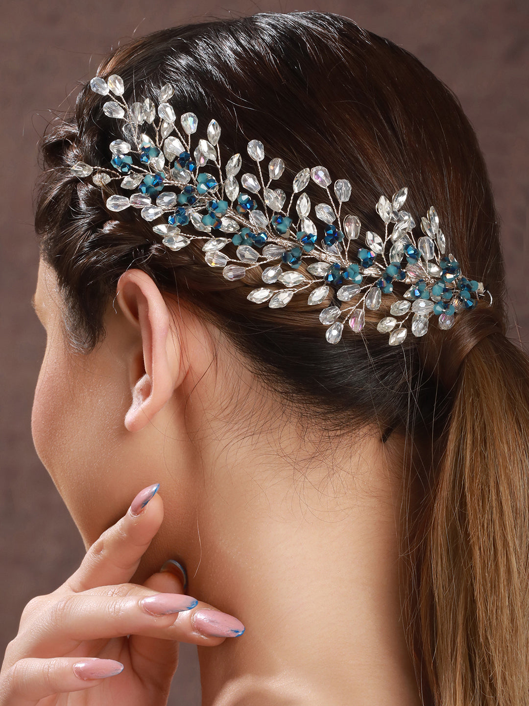 Silver Toned Blue Crystal Beaded Statement Hair Pin