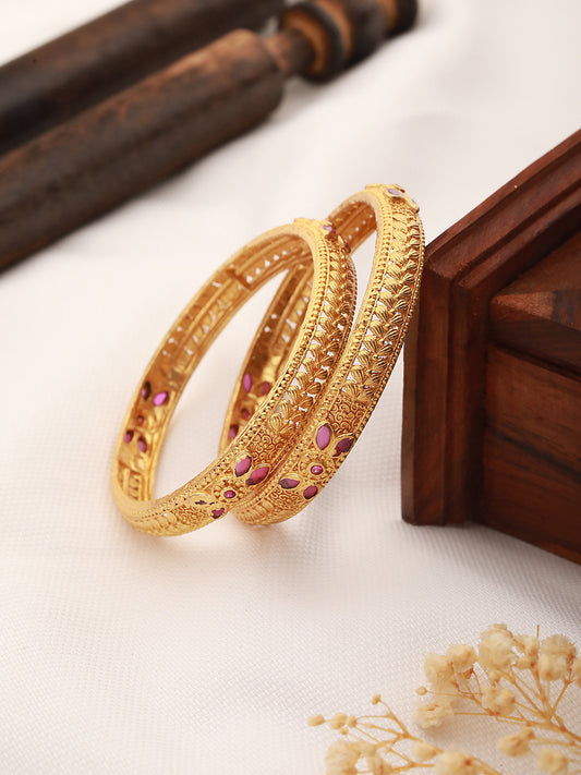 Set Of 2 Gold Plated Pink Colored Floral Filigree bangles