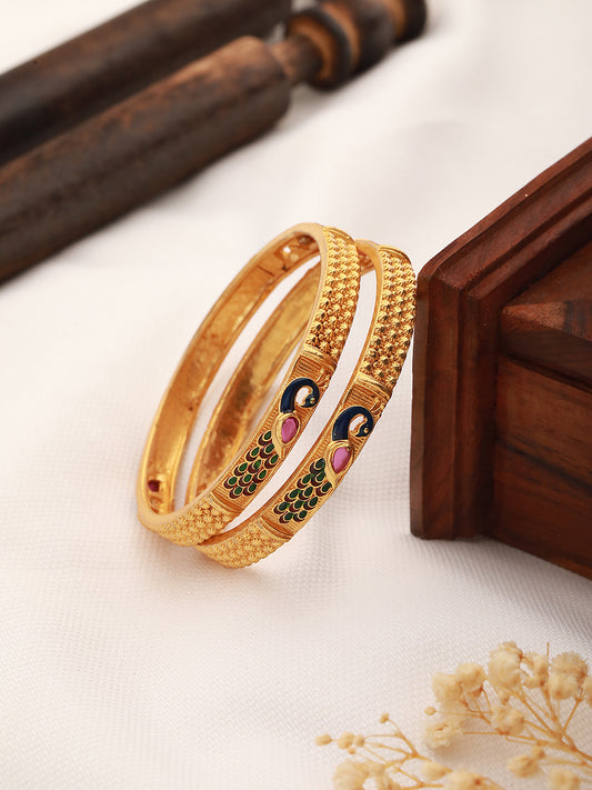 Set Of 2 Gold Plated Multicolored Peacock Design Handcrafted Bangles