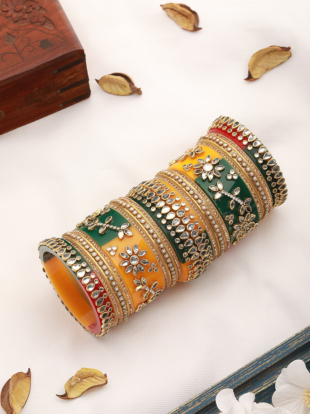 Gold Plated Set of 2 Multicolored traditional Kundan Bangles Bridal Chuda