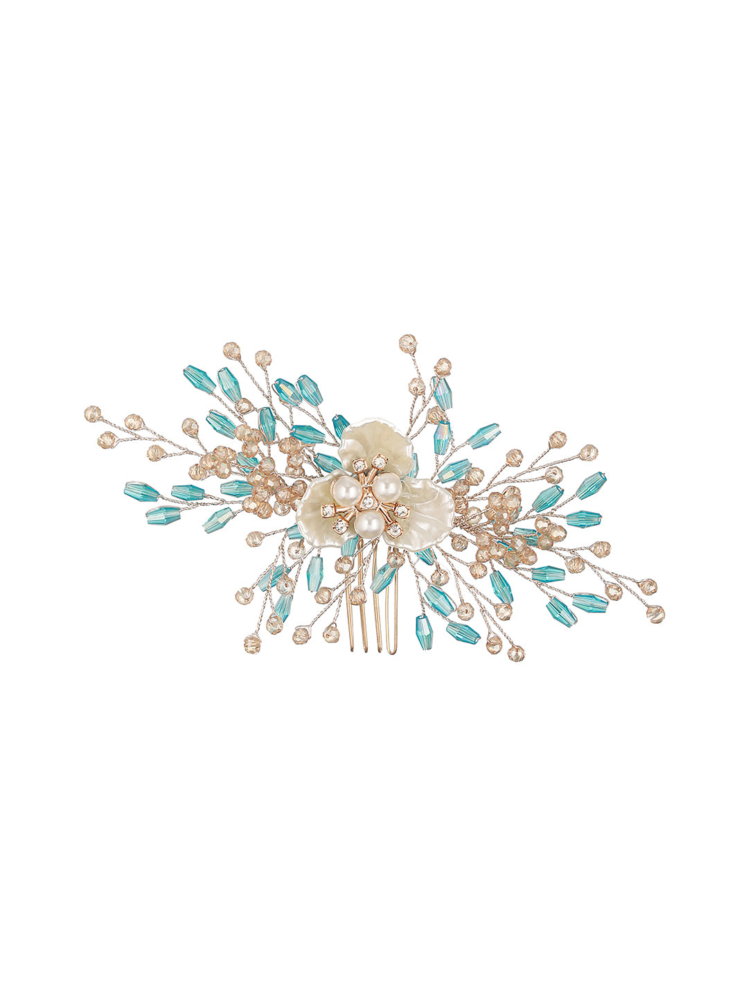 Gold Toned Mother Of Pearl Embellished Blue Hair Comb  Pin