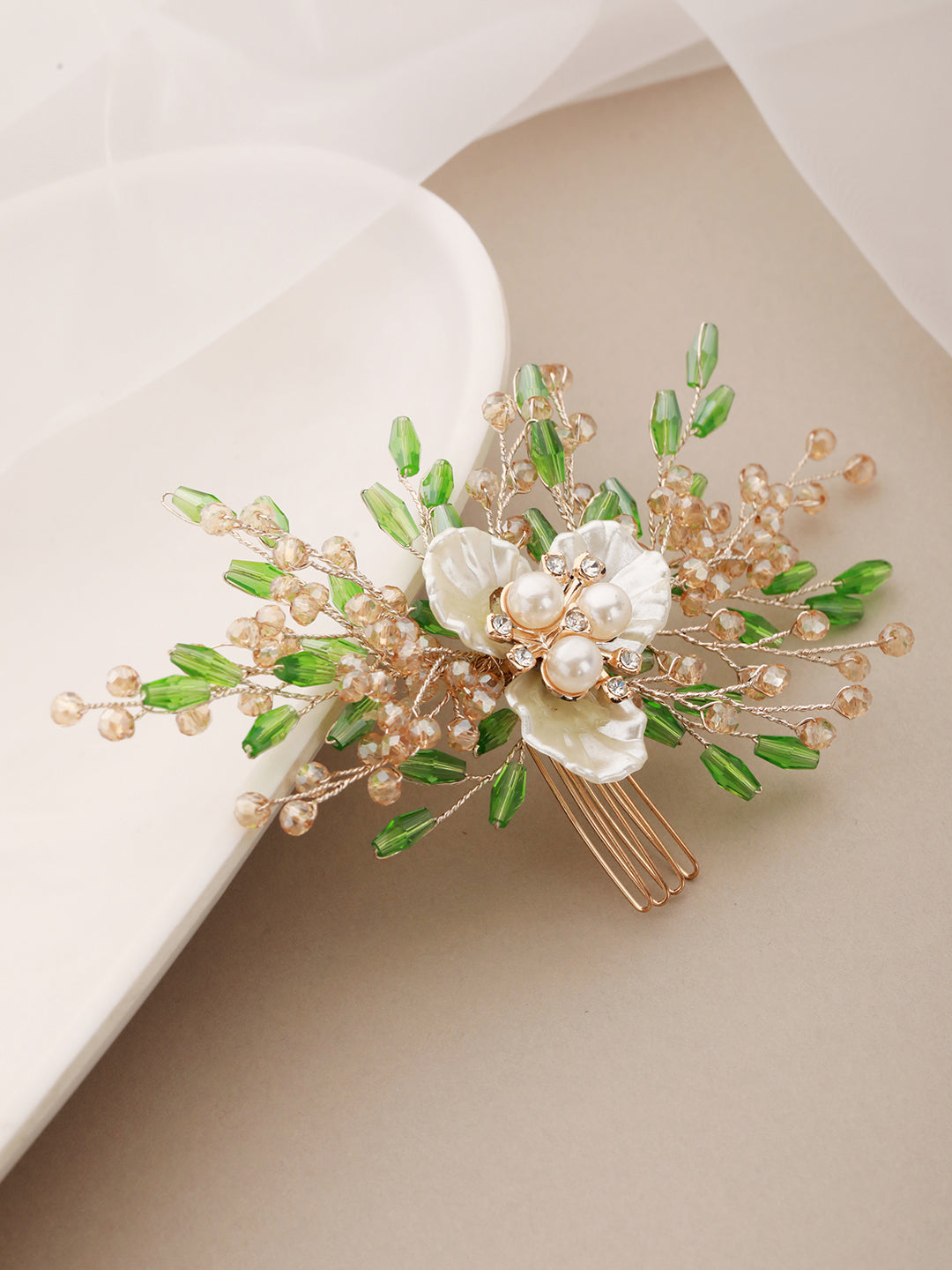 Gold Toned Mother Of Pearl Embellished Green  Hair Comb  Pin