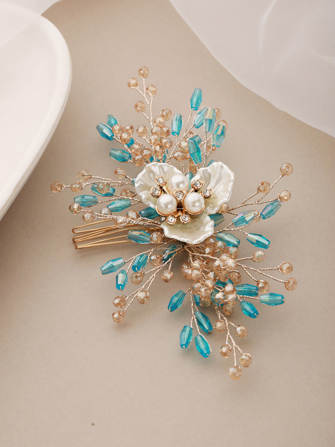 Gold Toned Mother Of Pearl Embellished Blue Hair Comb  Pin
