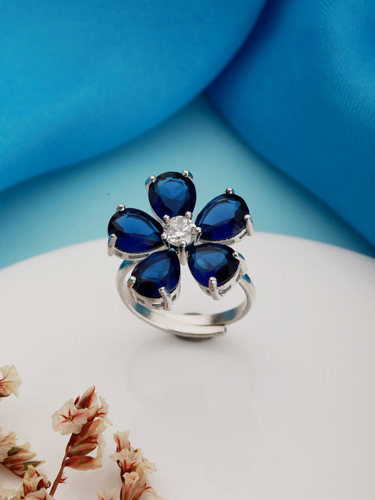 White Rhodium Blue CZ Minimal Floral Finger Ring