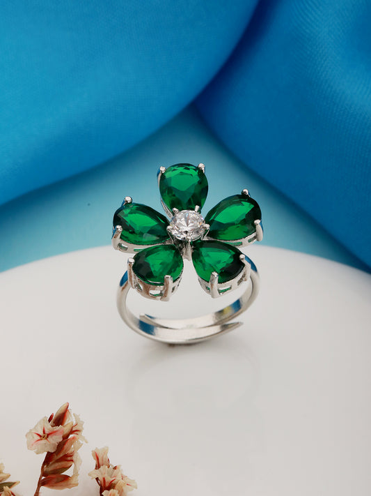 Silver Plated Green Emerald Zircon Minimal Floral Ring