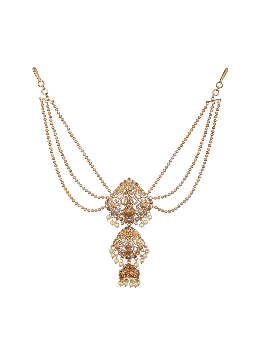 Gold Plated Red Kemp & Pearl Beaded  Shri Lakshmi Design Bridal  3 layered Chain Hair Brooch Jadai Billai