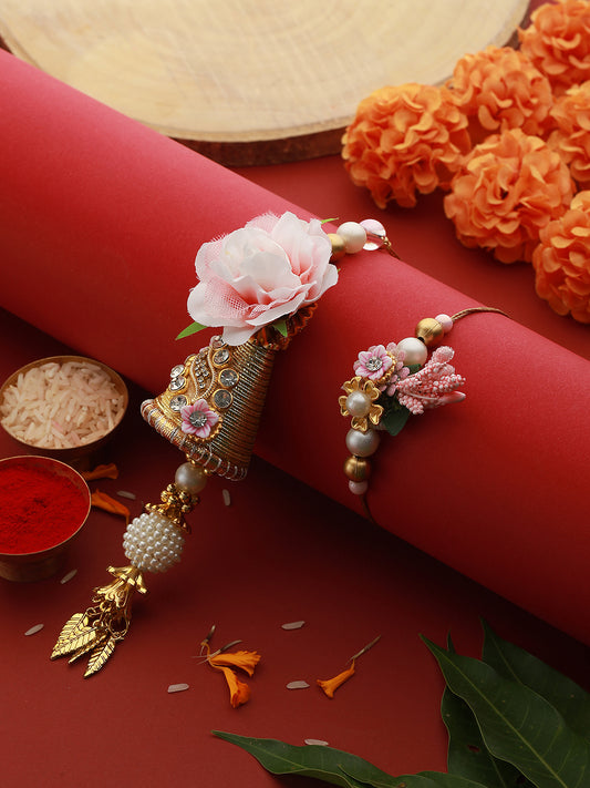 Set Of 2 Pink Flower & Pearl Beaded Handmade Rakhi Lumba Set