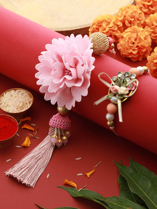 Pink Stones & Pearl Beaded Designer Handcrafted Rakhi Lumba Set