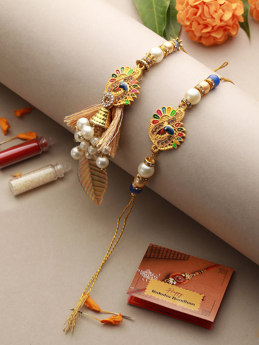 Set Of 2 Kundan & Pearl Beaded Designer Handcrafted Lumba Rakhi Set